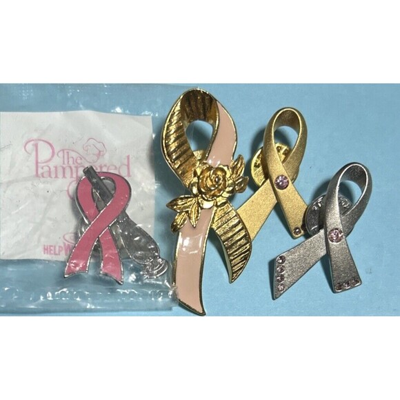 4 Pink Ribbon Pins 🎗  Pampered Chef Pink Ribbon & 3 Avon🎗pink Ribbons Pins🎗 - Picture 1 of 2